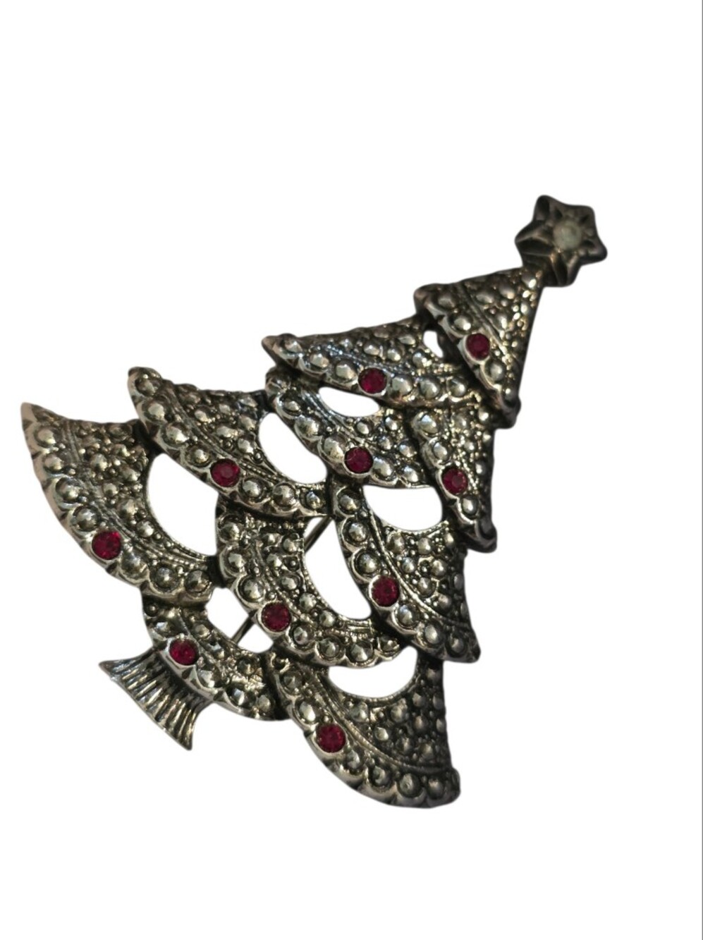 Avon Vintage Silver-Tone Christmas Tree Brooch with Red Rhinestones